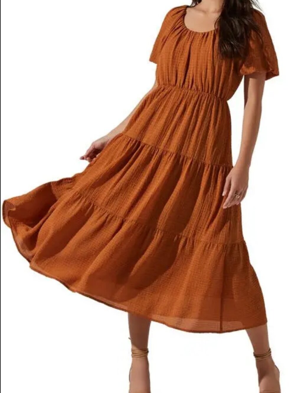 Astr Tiered Maxi Dress with Puff Sleeves - Rust